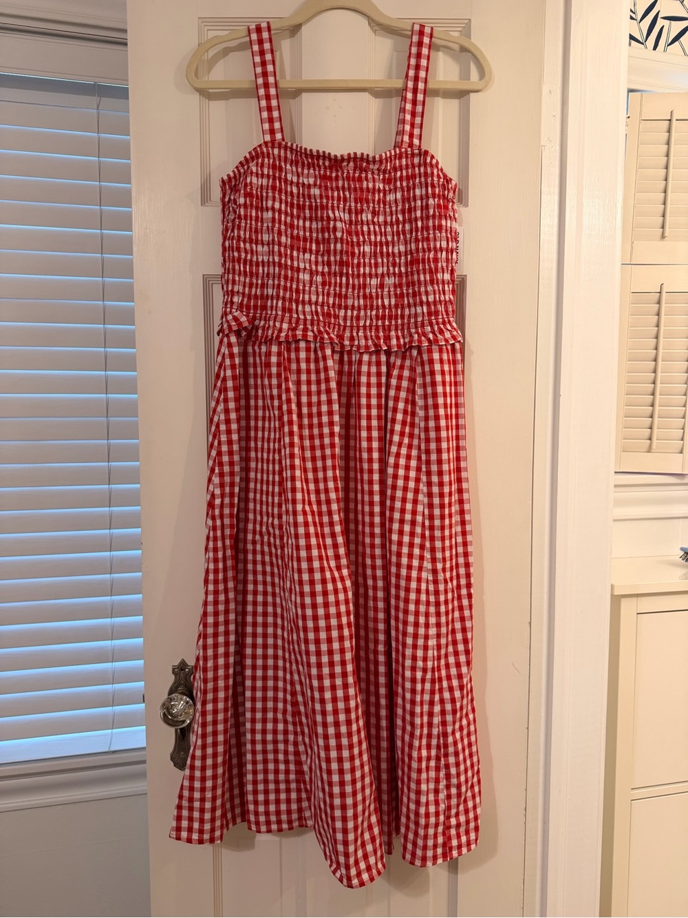 Red Gingham Smocked Strap Dress